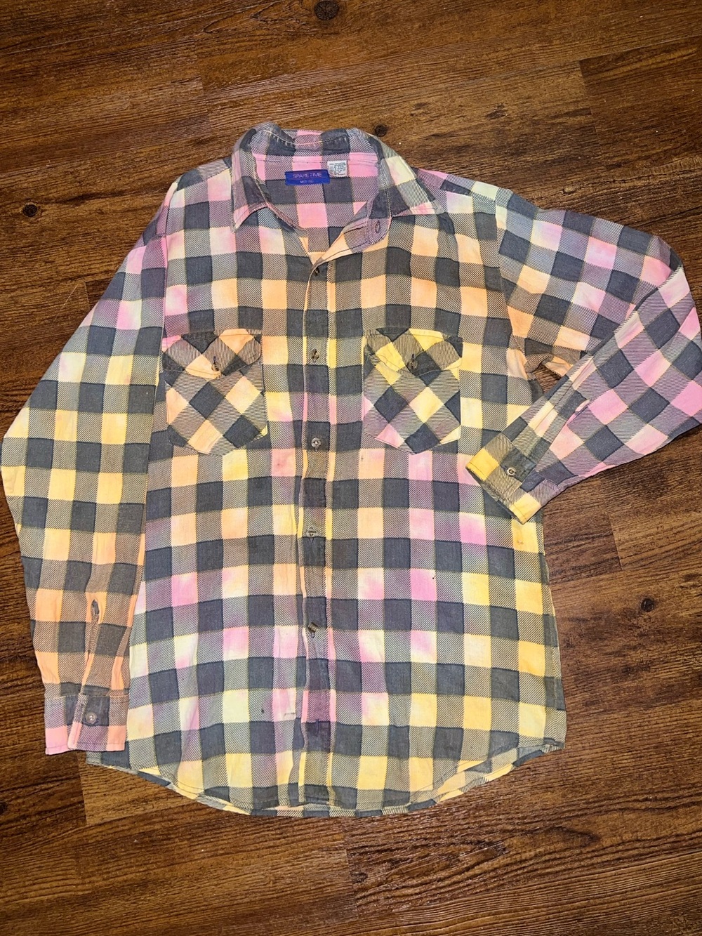 Vintage 90’s Grunge Tie Dye Plaid Button Up Long Sleeve Reworked Shirt Size M